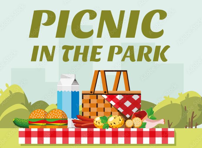 Picnic In the Park with basket on picnic table